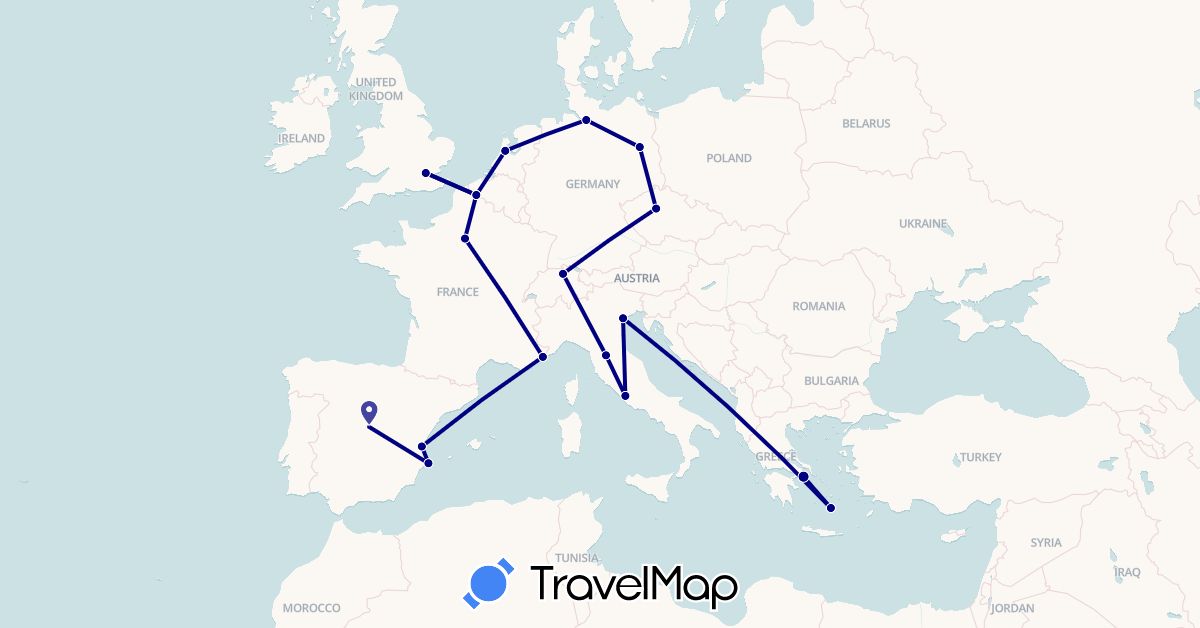 TravelMap itinerary: driving in Switzerland, Czech Republic, Germany, Spain, France, United Kingdom, Greece, Italy, Netherlands (Europe)